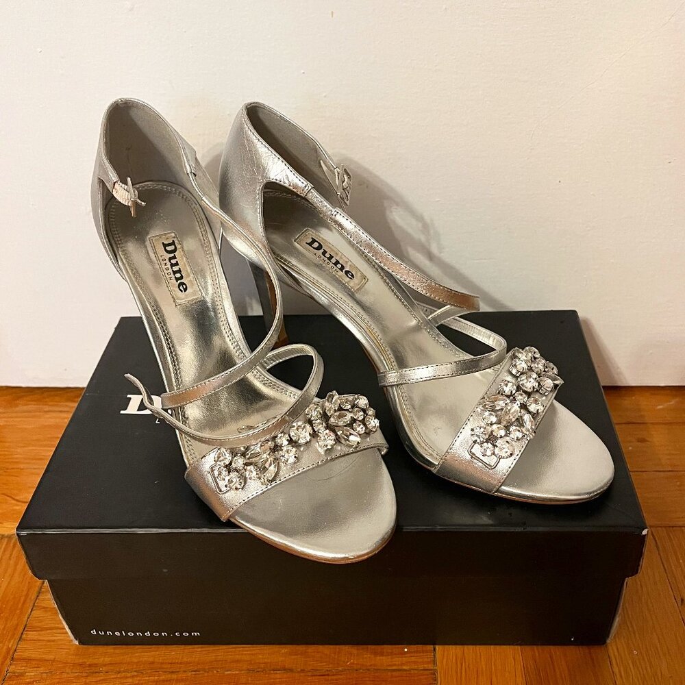 Silver Leather Strappy Heels | Size 39 | Rhinestone Glam Sandals